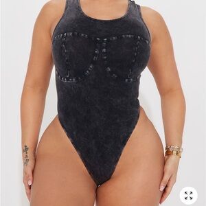 Fashion Nova Black Acid Wash Bodysuit Large Pre-Owned